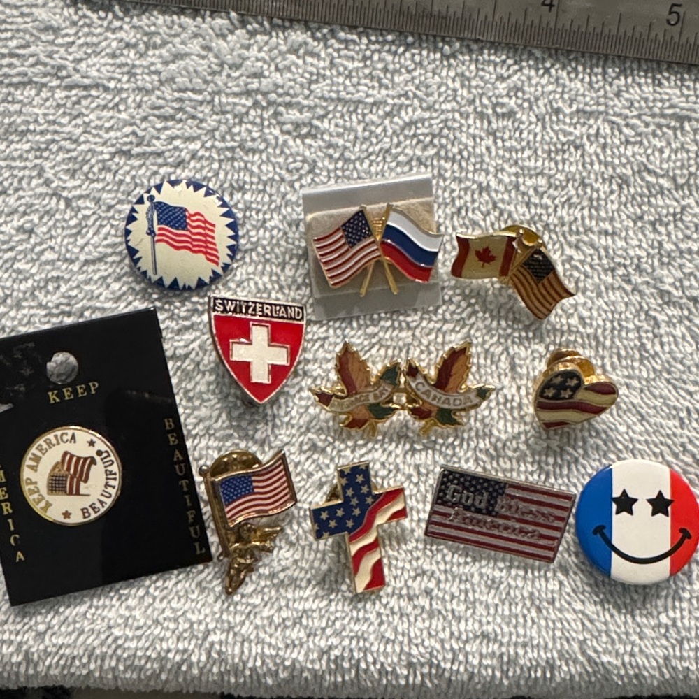 Patriotic Flag Pin Set Of 11 USA Canada Switzerland Russia God Bless America - Picture 1 of 1